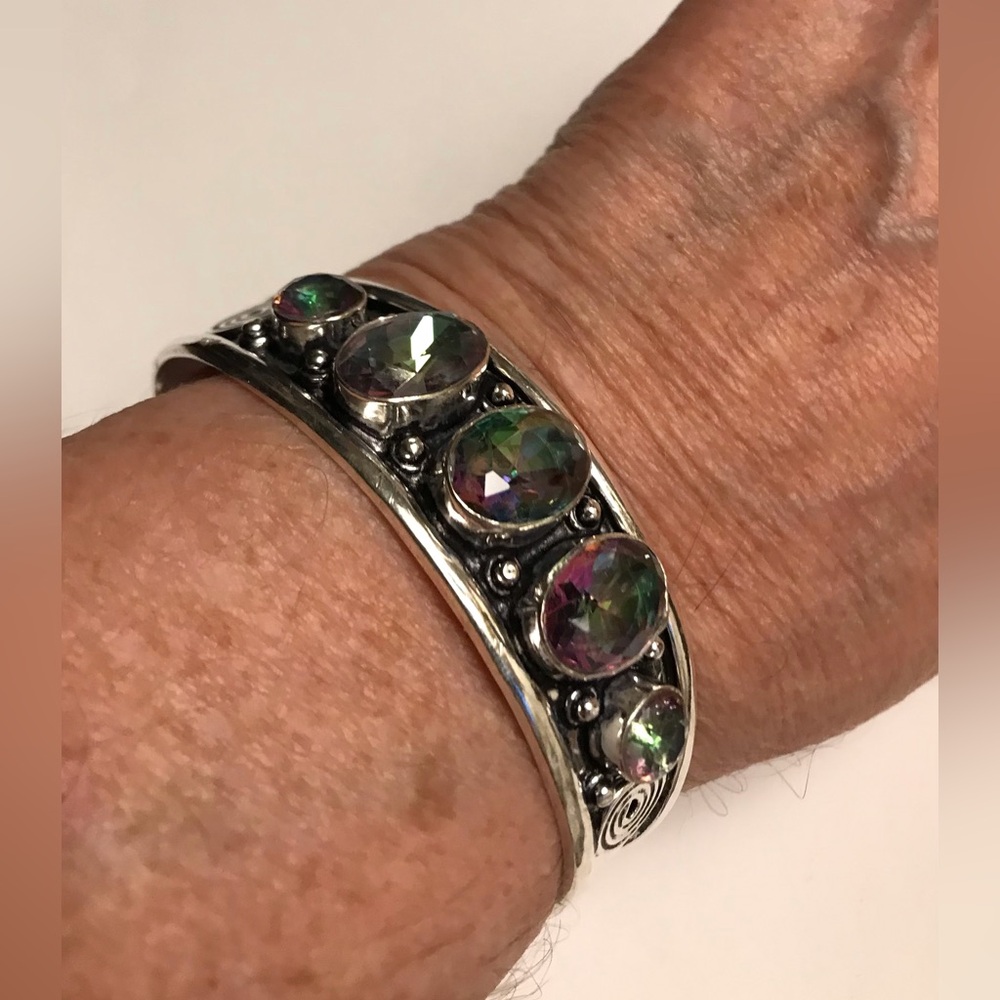 Mystic Topaz Stamped Solid 925 Sterling Silver Cuff Bracelet